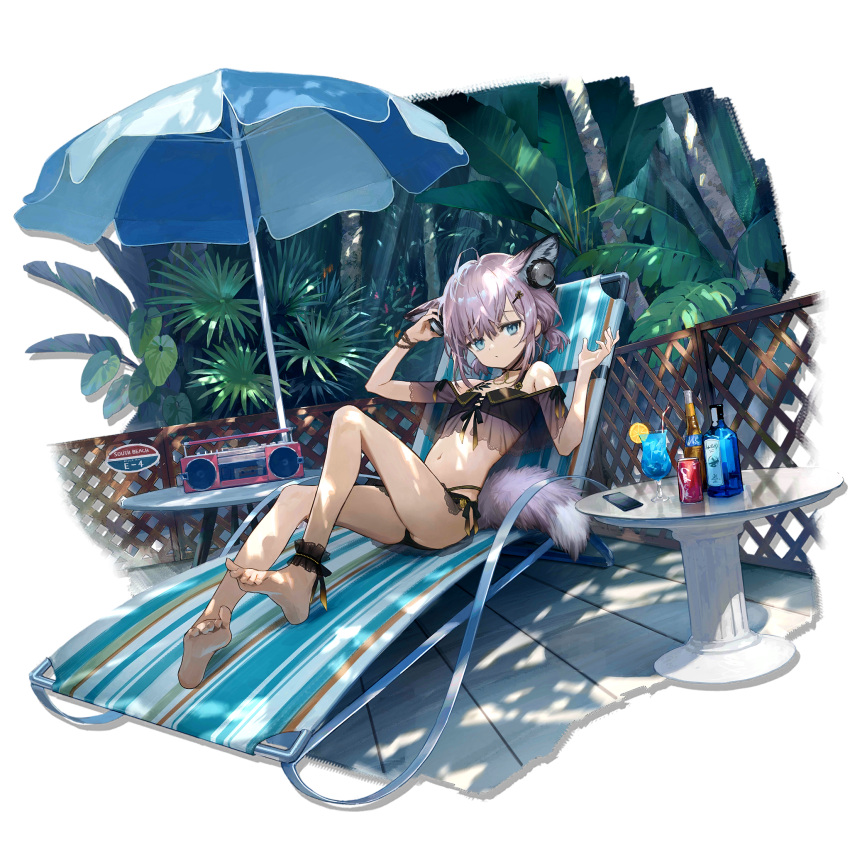 1girl alcohol animal_ears ankle_cuffs arknights bangs bare_legs bare_shoulders barefoot beach_chair beach_umbrella bikini black_bikini blue_eyes bottle cellphone drink extra_ears feet fox_ears fox_girl fox_tail hair_ornament hairclip hand_on_headphones hands_up headphones highres jukebox knee_up leaf looking_at_viewer low_twintails navel off-shoulder_bikini off_shoulder official_art petite phone plant radio reclining see-through sho_(sho_lwlw) short_hair short_twintails silver_hair sitting smartphone soles solo stable stomach sussurro_(arknights) sussurro_(summer_flowers)_(arknights) swimsuit tail thighs toes transparent_background twintails umbrella