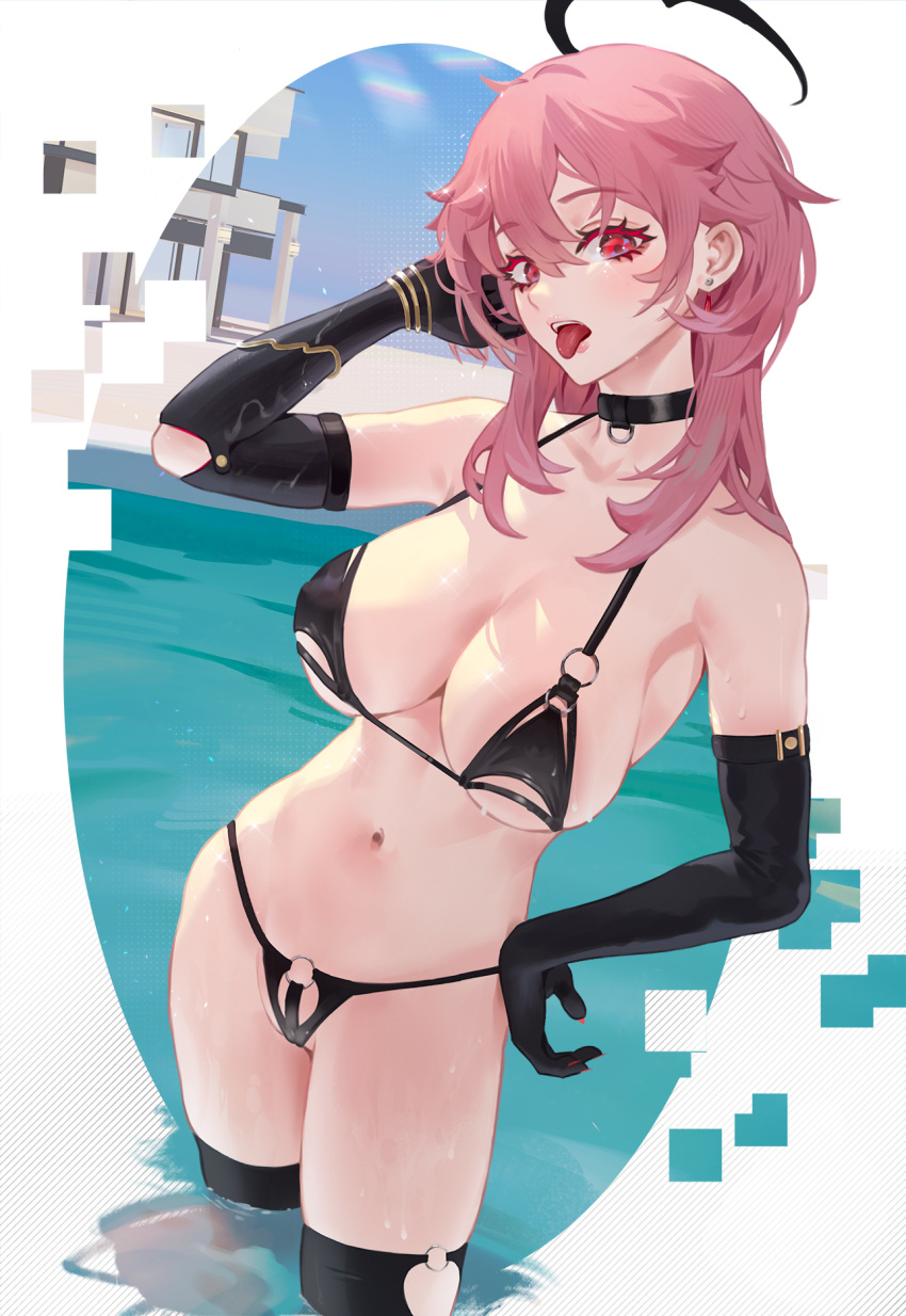 1girl arm_up armpits azur_lane bare_shoulders bikini black_bikini black_choker black_gloves black_legwear breasts cameltoe choker cirilla cleavage collarbone commentary duca_degli_abruzzi_(azur_lane) elbow_gloves gloves halo halterneck hand_on_hip highres large_breasts long_hair looking_at_viewer navel open_mouth pink_hair red_eyes solo standing stomach string_bikini swimsuit thighhighs thighs tongue tongue_out wading