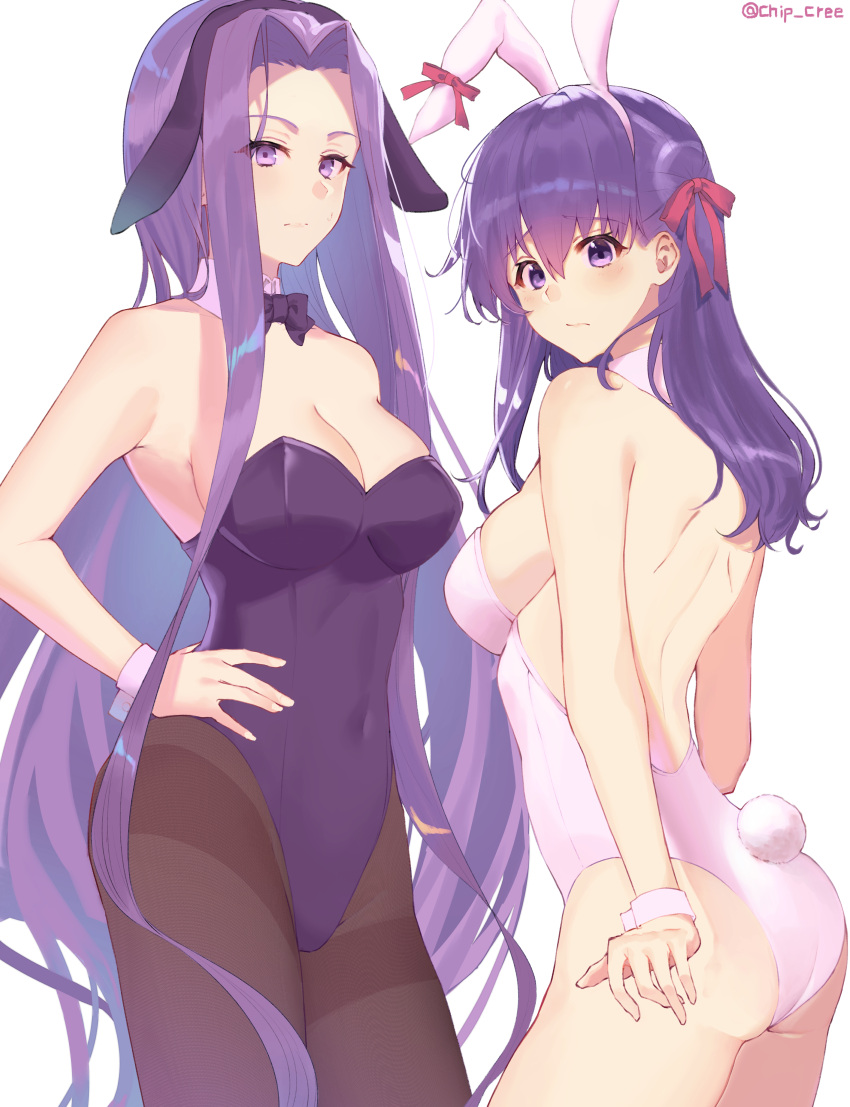 2girls absurdres animal_ears ass blush breasts capelet chip_le_cree cleavage contrapposto covered_nipples fate/stay_night fate_(series) hair_between_eyes hand_on_hip highres large_breasts long_hair looking_at_viewer matou_sakura medium_breasts medusa_(fate) medusa_(rider)_(fate) multiple_girls pantyhose playboy_bunny purple_eyes purple_hair rabbit_ears red_ribbon ribbon square_pupils thighband_pantyhose very_long_hair white_background