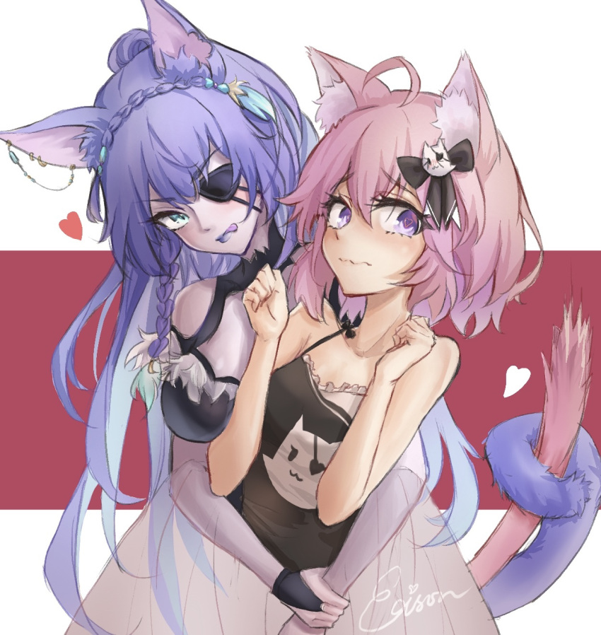 2girls ahoge animal_ears arm_between_breasts bare_shoulders bat_ears bat_girl bat_wings between_breasts black_dress black_eyepatch braid breasts cat_ears cat_girl cat_hair_ornament cat_tail clenched_hands collarbone colored_tongue crown_braid dress earrings eyebrows_visible_through_hair eyepatch fictional_persona furrowed_brow ghost_tail hair_between_eyes hair_ornament heart heart-shaped_pupils heart_eyepatch high_ponytail highres hug hug_from_behind intertwined_tails jewelry large_breasts licking_lips looking_at_viewer lucine_lavendel_(otikata's_curse) multiple_braids multiple_earrings multiple_girls nervous nyatasha_nyanners open_mouth pink_hair purple_hair purple_lips purple_tongue red_background short_hair signature small_breasts symbol-shaped_pupils tail tongue tongue_out twin_braids two-tone_background virtual_youtuber vshojo w_arms wavy_mouth white_background wings yuri yyfuu