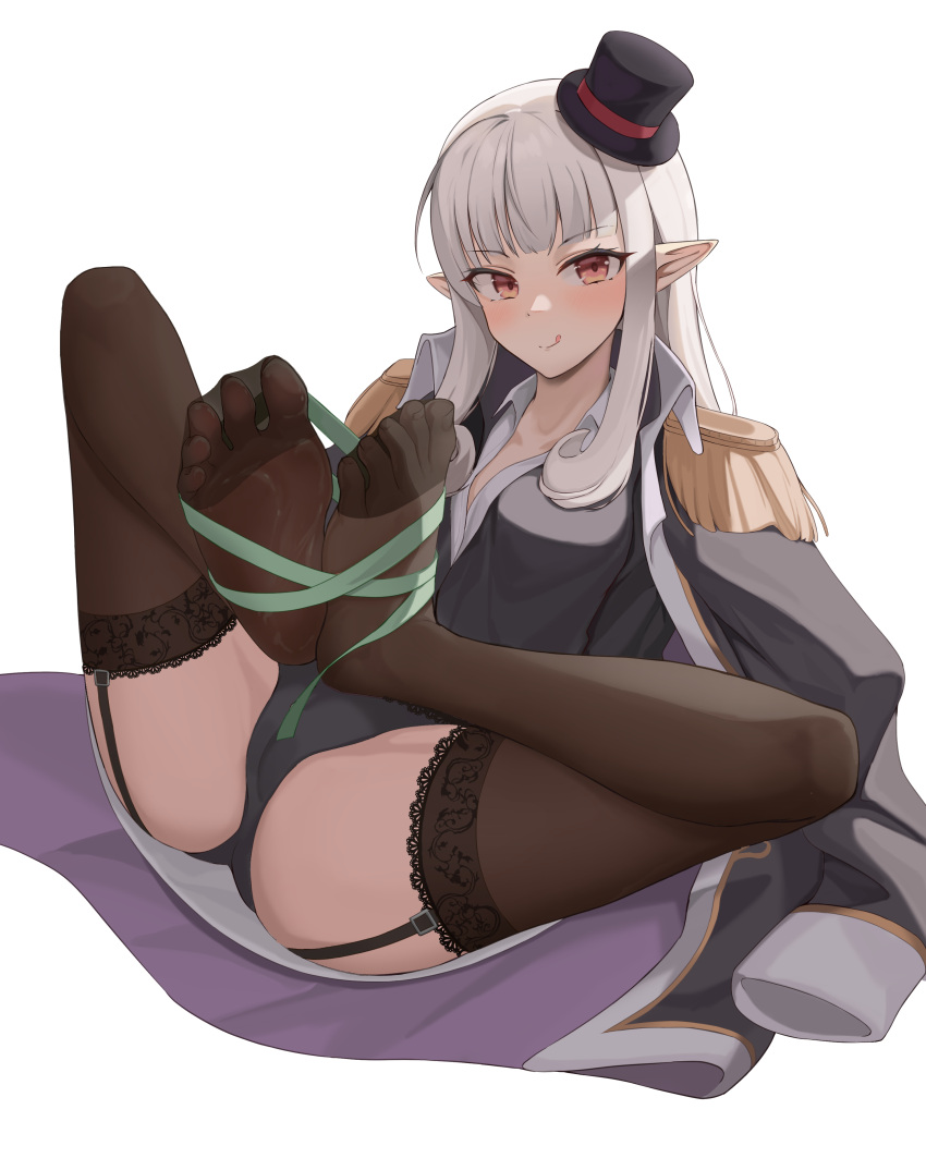 1girl absurdres black_legwear black_panties bound feet feet_together feet_up full_body hat highres lace lace-trimmed_legwear lace_trim legs long_hair looking_at_viewer no_shoes original panties pharamacom pointy_ears red_eyes silver_hair skirt soles thighhighs thighs tied_up toes tongue underwear