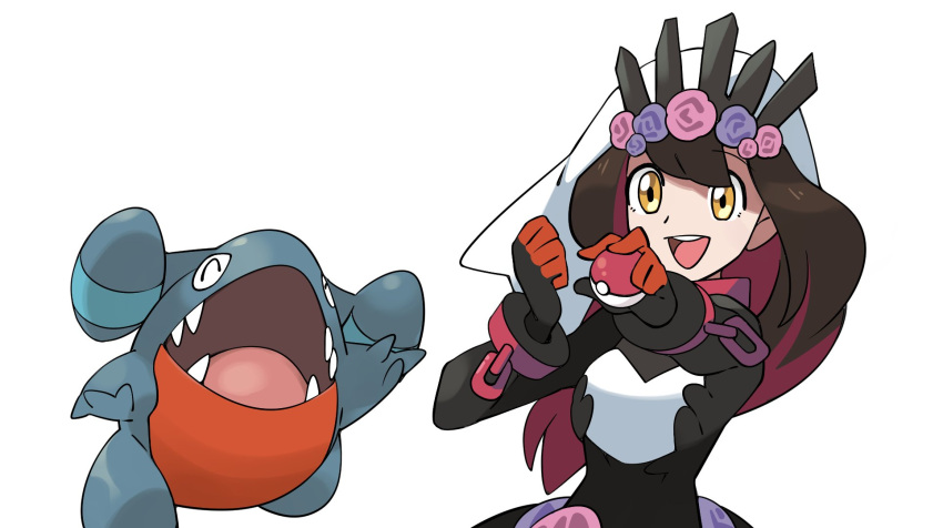 1girl ^_^ alternate_costume black_dress blue_flower blue_rose breasts brown_eyes brown_hair closed_eyes colored_inner_hair dress flower gen_4_pokemon gible head_wreath highres holding holding_poke_ball hololive medium_breasts multicolored_hair official_alternate_costume open_hands open_mouth parody poke_ball pokemon pokemon_(game) pokemon_xy purple_flower purple_rose red_hair roboco-san ronin_(zeth_total) rose sharp_teeth smile style_parody teeth tiara veil virtual_youtuber