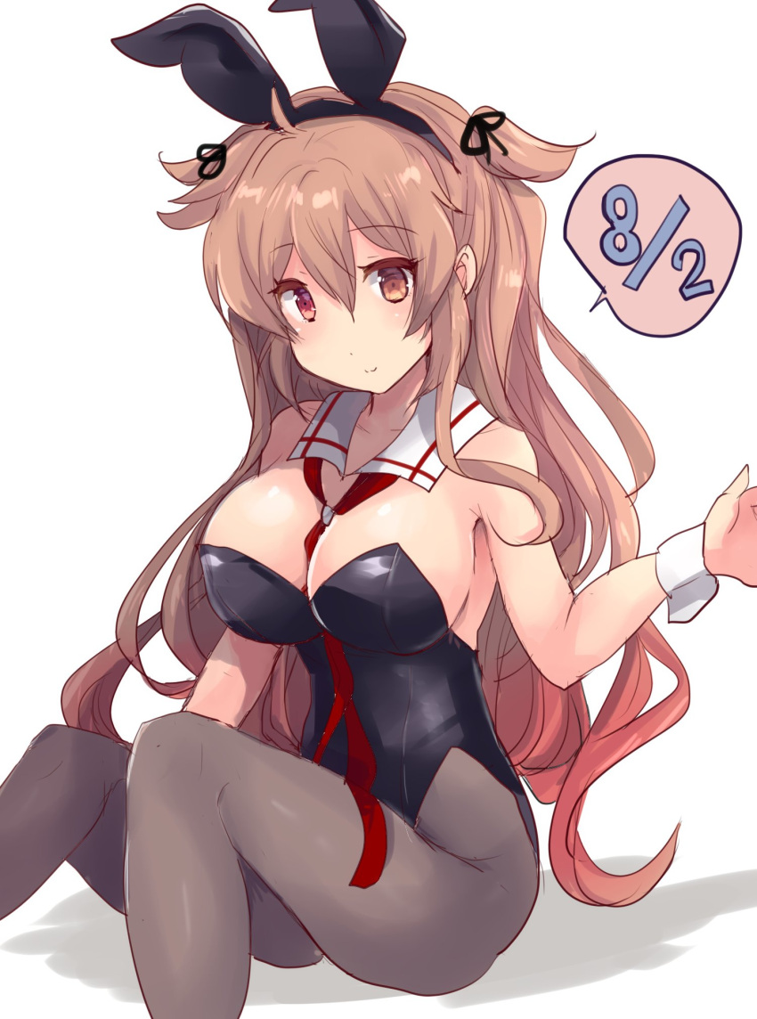 1girl animal_ears between_breasts black_leotard blush breasts bunny_day collarbone dated detached_collar eyebrows_visible_through_hair fake_animal_ears ground hair_flaps heterochromia highres hirune_(konekonelkk) kantai_collection large_breasts leotard light_brown_hair long_hair looking_at_viewer murasame_(kancolle) necktie pantyhose playboy_bunny red_neckwear remodel_(kantai_collection) shadow simple_background sitting smile solo strapless strapless_leotard two_side_up white_background wrist_cuffs