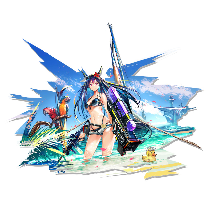 1girl arknights bangs bare_arms bare_shoulders bikini bird black_bikini blue_hair blue_sky breasts ch'en_(arknights) ch'en_the_holungday_(arknights) cloud cowboy_shot day dragon_horns elite_ii_(arknights) flower grey_shorts gun hair_flower hair_ornament halterneck highleg highleg_bikini highres holding holding_gun holding_weapon horns long_hair looking_at_viewer medium_breasts micro_shorts navel official_art outdoors parrot pink_eyes red_flower rubber_duck shorts sky solo standing stomach swimsuit thighs transparent_background wading water weapon yui_(niikyouzou)