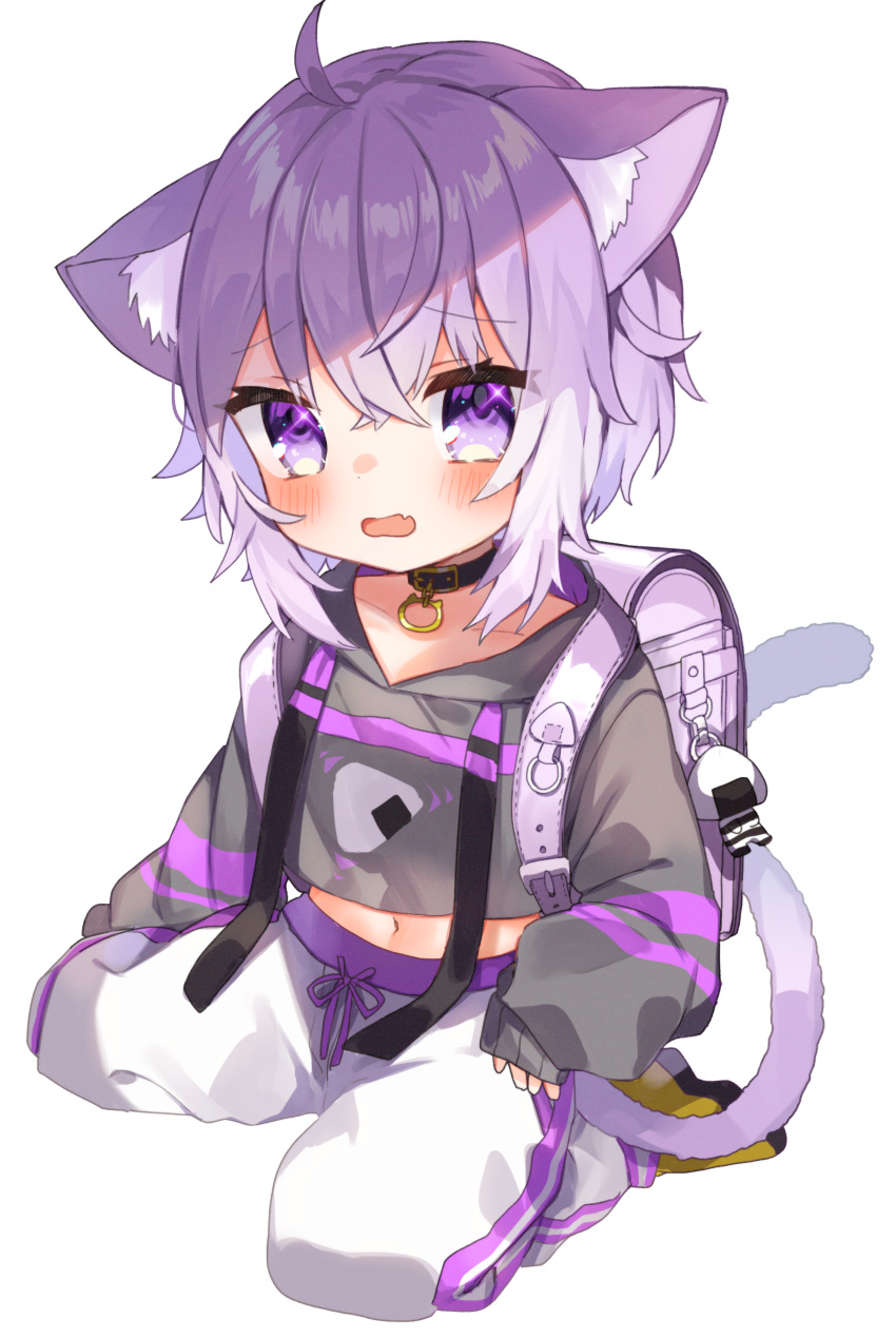 1girl :o absurdres animal_ears backpack bag bag_charm bangs cat_ears charm_(object) choker collarbone commentary_request eyebrows_visible_through_hair fang food hair_between_eyes highres hololive long_sleeves looking_at_viewer midriff navel nekomata_okayu noi_mine onigiri pants purple_eyes purple_hair randoseru shoes short_hair sidelocks simple_background sitting solo track_pants virtual_youtuber wariza white_background younger