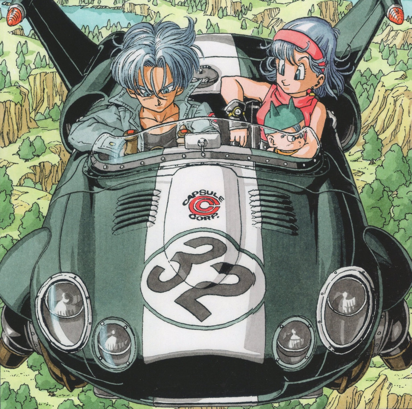 1girl 2boys aircraft baby bare_arms black_shirt blue_eyes blue_hair bulma capsule_corp denim denim_jacket dragon_ball dragon_ball_z driving dual_persona earrings elbow_rest forest from_above grass green_headwear hair_between_eyes hairband hat highres hill jacket jewelry lake medium_hair messy_hair mother_and_son mountain multiple_boys nature pectorals red_hairband serious shirt sleeveless smile toriyama_akira tree trunks_(dragon_ball) trunks_(future)_(dragon_ball) ventilation_shaft watch water wristwatch