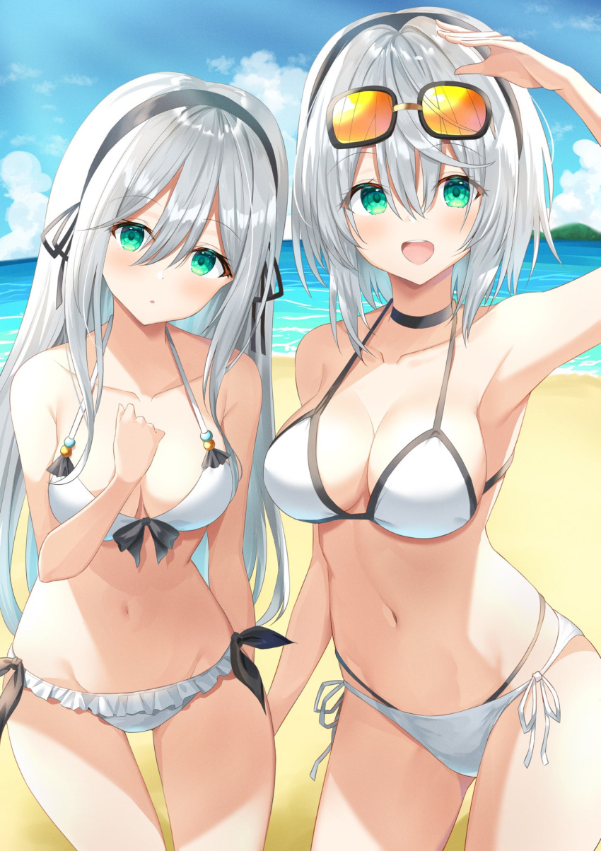 2girls :d amnesia_(majo_no_tabitabi) arm_up armpits avilia_(majo_no_tabitabi) bare_arms bare_shoulders beach bikini black_choker breasts choker cleavage collarbone cowboy_shot day eyewear_on_head frilled_bikini frills front-tie_bikini front-tie_top green_eyes hairband highres kanaria_hisagi long_hair looking_at_viewer majo_no_tabitabi medium_breasts multiple_girls navel open_mouth outdoors parted_lips short_hair siblings side-tie_bikini sisters smile standing stomach string_bikini sunglasses swimsuit white_bikini white_hair