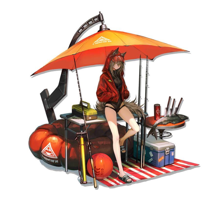 1girl animal_ears arknights ball beach_umbrella beachball bicycle_pump black_swimsuit character_name cooler ears_through_headwear english_text fish fishing_rod grey_hair hair_between_eyes hands_in_pockets highleg highleg_swimsuit highres hood hood_up hooded_jacket inflatable_raft infukun jacket knife long_hair long_sleeves looking_at_viewer official_alternate_costume official_art one-piece_swimsuit open_clothes open_jacket orange_umbrella projekt_red_(arknights) projekt_red_(light_breeze)_(arknights) red_jacket solo swimsuit tackle_box tail transparent_background umbrella wolf_ears wolf_girl wolf_tail yellow_eyes