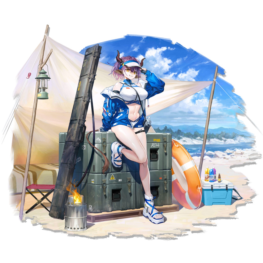 1girl arknights arm_up bangs bare_legs bare_shoulders bikini blue_jacket blue_sky breasts cloud cooler day fire flame full_body grin highres horns innertube jacket lantern large_breasts long_sleeves looking_at_viewer navel off_shoulder official_art open_clothes open_jacket outdoors purple_hair sandals sho_(sho_lwlw) short_hair sideroca_(arknights) sideroca_(light_breeze)_(arknights) sky smile solo standing standing_on_one_leg stomach swimsuit thigh_strap thighs transparent_background visor_cap white_bikini white_footwear yellow_eyes