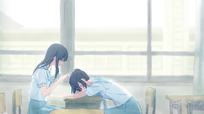 2girls bangs black_hair blue_hair blue_neckwear blue_sailor_collar blue_skirt blurry blurry_background building chair classroom closed_eyes closed_mouth curtains desk expressionless hand_on_another's_head hand_up hibike!_euphonium highres indoors kasaki_nozomi kitauji_high_school_uniform leaning_forward liz_to_aoi_tori long_hair looking_at_another looking_down multiple_girls neckerchief piroaki pleated_skirt ponytail red_eyes sailor_collar school_uniform serafuku shirt short_sleeves sitting skirt sleeping white_shirt window yoroizuka_mizore