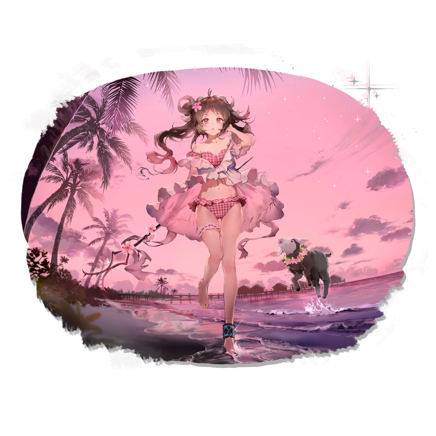 1girl animal_ears anklet anmi arknights bare_arms bare_shoulders barefoot bikini brown_hair copyright_name eyjafjalla_(arknights) eyjafjalla_(summer_flowers)_(arknights) highres horns infection_monitor_(arknights) jewelry leg_garter long_hair looking_at_viewer off-shoulder_bikini off_shoulder official_art outdoors palm_tree pink_bikini pink_eyes pink_sky plaid plaid_bikini sheep_ears sheep_horns short_sleeves solo staff standing standing_on_one_leg swimsuit thighs transparent_background tree