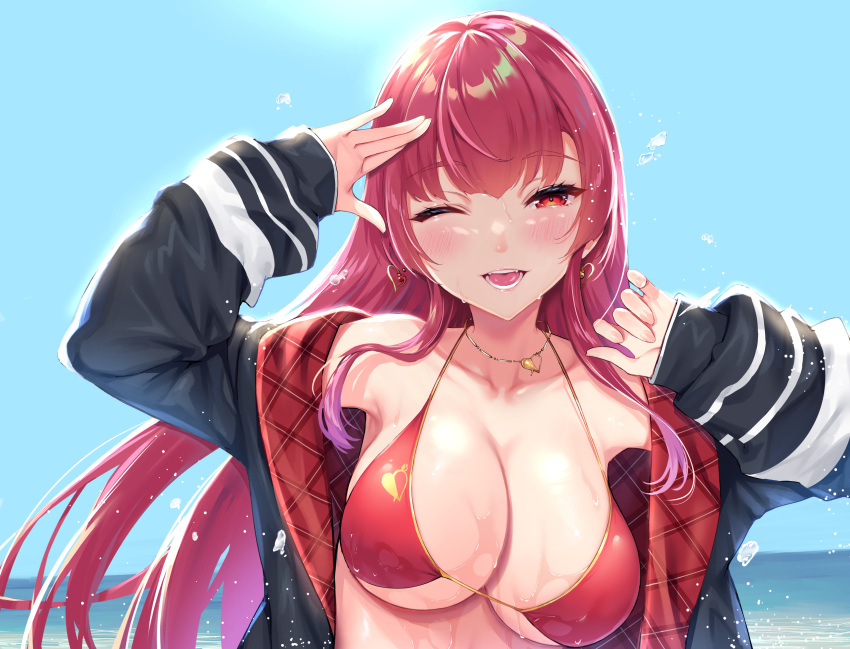 1girl ;d bangs bare_shoulders beach bikini blue_sky blush breasts cleavage cloud commentary_request day earrings eyebrows_visible_through_hair fangs highres hololive houshou_marine jacket jewelry large_breasts long_hair long_sleeves looking_at_viewer mushi024 necklace off_shoulder one_eye_closed open_clothes open_jacket open_mouth outdoors red_bikini red_eyes red_hair sky smile solo standing swimsuit tongue tongue_out twintails virtual_youtuber water wet