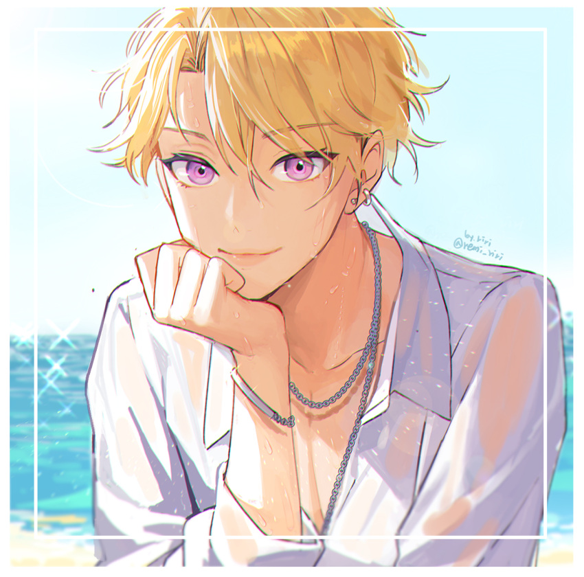 1boy beach bishounen blonde_hair border bracelet chain_necklace collared_shirt earrings ensemble_stars! head_rest jewelry looking_at_viewer male_focus messy_hair narukami_arashi necklace purple_eyes riri_(artist) see-through shirt short_hair signature smile solo sparkle twitter_username unbuttoned unbuttoned_shirt upper_body wet wet_clothes wet_hair