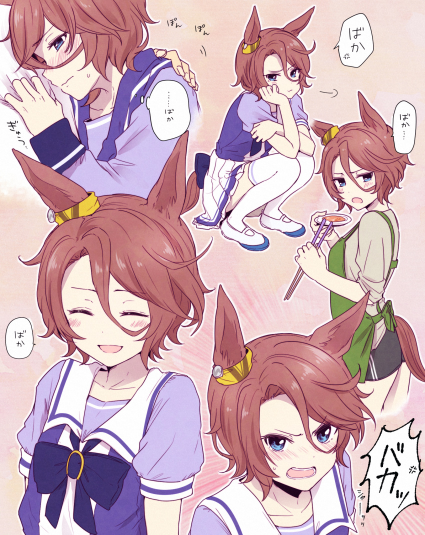 1girl :d anger_vein angry animal_ears apron ayame_iro_(toumei_dolce) blue_eyes blush bow bowtie breath brown_hair chopsticks closed_eyes collage commentary_request ear_ornament emphasis_lines frown green_apron hair_between_eyes hand_on_another's_chest hand_on_own_cheek hand_on_own_face head_rest highres holding holding_chopsticks horse_ears horse_girl horse_tail long_sleeves mary_janes multiple_views narita_taishin_(umamusume) open_mouth pleated_skirt purple_shirt sailor_collar school_uniform serafuku shirt shoes short_hair short_sleeves skirt sleeves_rolled_up smile spoken_anger_vein squatting tail tasting thighhighs tracen_school_uniform translation_request umamusume white_footwear white_legwear