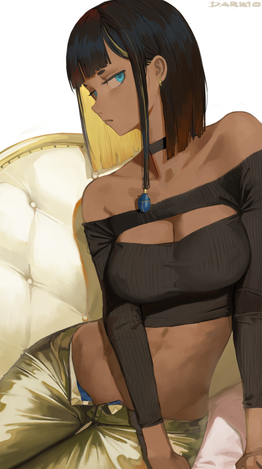1girl absurdres blue_eyes breasts brown_hair cleavage couch dark-skinned_female dark_skin darr1o highres hime_cut large_breasts meme_attire midriff multicolored_hair open_fly original pants solo two-tone_hair virgin_killer_sweater yellow_pants