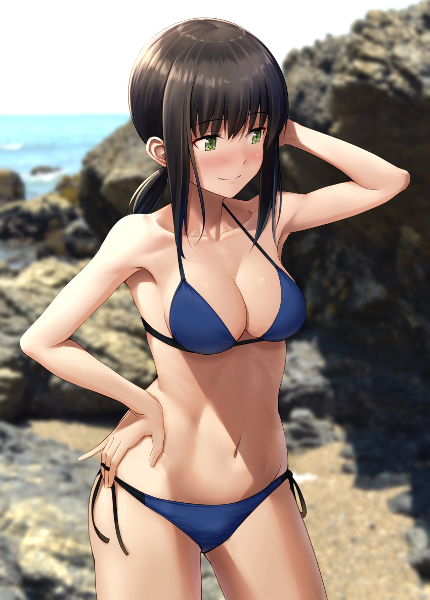 1girl absurdres alternate_costume arm_up armpits bare_arms bare_legs bare_shoulders beach bikini black_hair blue_bikini blurry blurry_background blush breasts cleavage closed_mouth collarbone commentary cowboy_shot day depth_of_field eyebrows_visible_through_hair fubuki_(kancolle) green_eyes hair_between_eyes halterneck hand_on_hip highres ichikawa_feesu kantai_collection looking_away low_ponytail lowleg lowleg_bikini medium_breasts navel outdoors photo_background ponytail short_hair short_ponytail side-tie_bikini sidelocks smile solo standing stomach string_bikini swimsuit