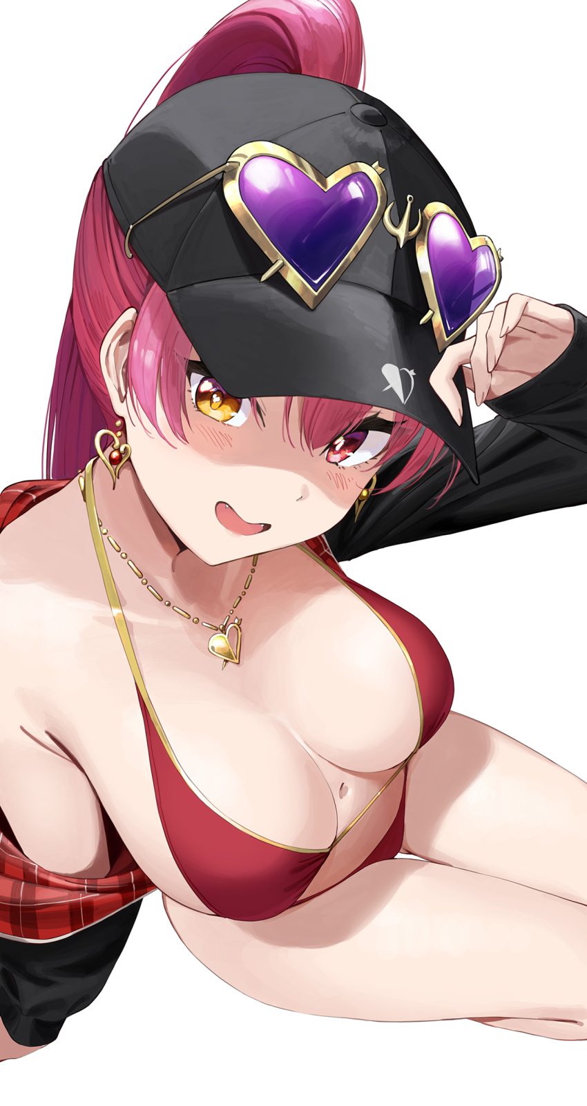 1girl bangs bare_shoulders bikini blush breasts cleavage collarbone halterneck heterochromia high_ponytail highres hololive houshou_marine jacket jewelry knatb large_breasts long_hair long_sleeves looking_at_viewer necklace no_pants off_shoulder open_clothes open_jacket ponytail red_eyes red_hair simple_background smile solo string_bikini swimsuit thighs virtual_youtuber white_background yellow_eyes