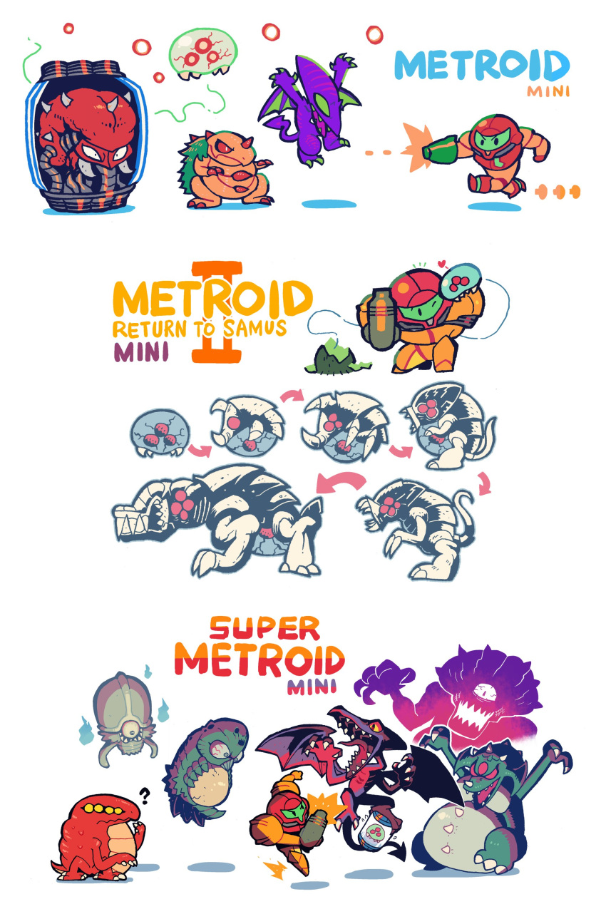 1girl absurdres alpha_metroid chibi crocomire draygon english_text engrish_text furrowed_brow gamma_metroid highres kraid looking_at_another metroid metroid_(classic) metroid_(creature) metroid_2:_return_of_samus metroid_queen mother_brain omega_metroid phantoon ranguage rariatto_(ganguri) ridley samus_aran sharp_teeth super_metroid teeth varia_suit zeta_metroid