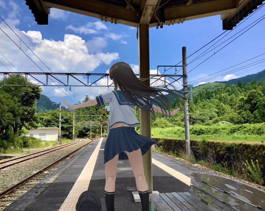 1girl bangs bench black_hair black_legwear blue_skirt blue_sky blunt_bangs cloud commentary_request day eyebrows_visible_through_hair from_behind hatsuyuki_(kancolle) highres ichikawa_feesu kantai_collection kneehighs long_hair looking_back outdoors outstretched_arms pleated_skirt school_uniform serafuku short_sleeves skirt sky solo spread_arms
