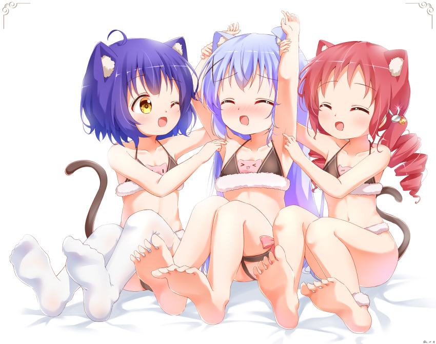 3girls ahoge animal_ear_fluff animal_ears armpits arms_up barefoot bikini black_bikini blue_hair blush breasts brown_eyes cat_ears cat_girl cat_tail child chimame-tai closed_eyes curly_hair feet fur_trim gochuumon_wa_usagi_desu_ka? hair_ornament hairclip highres jouga_maya kafuu_chino laughing legs long_hair low_twintails multiple_girls natsu_megumi one_eye_closed open_mouth painter-lhb purple_hair red_hair short_hair sitting small_breasts smile soles swimsuit tail thigh_strap thighhighs thighs tickling toes twintails white_legwear