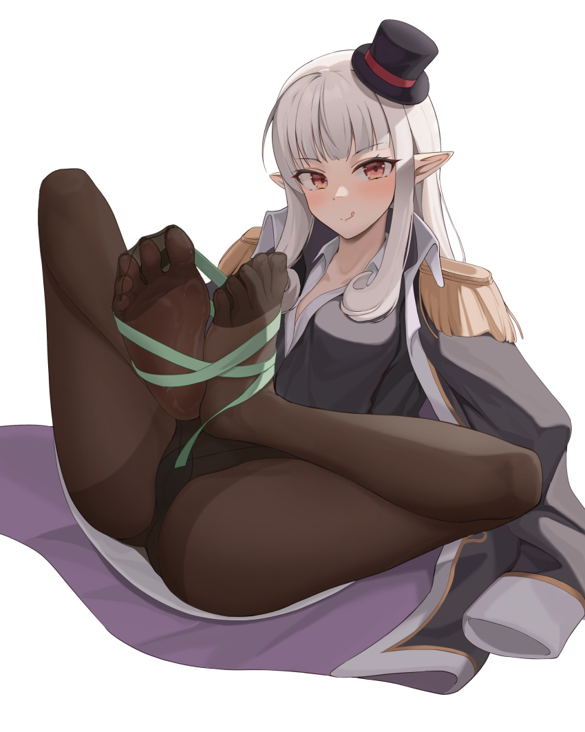 1girl absurdres black_legwear black_panties bound feet feet_together feet_up full_body hat highres legs long_hair looking_at_viewer no_shoes original panties panties_under_pantyhose pantyhose pharamacom pointy_ears red_eyes silver_hair skirt soles thighband_pantyhose thighs tied_up toes tongue underwear