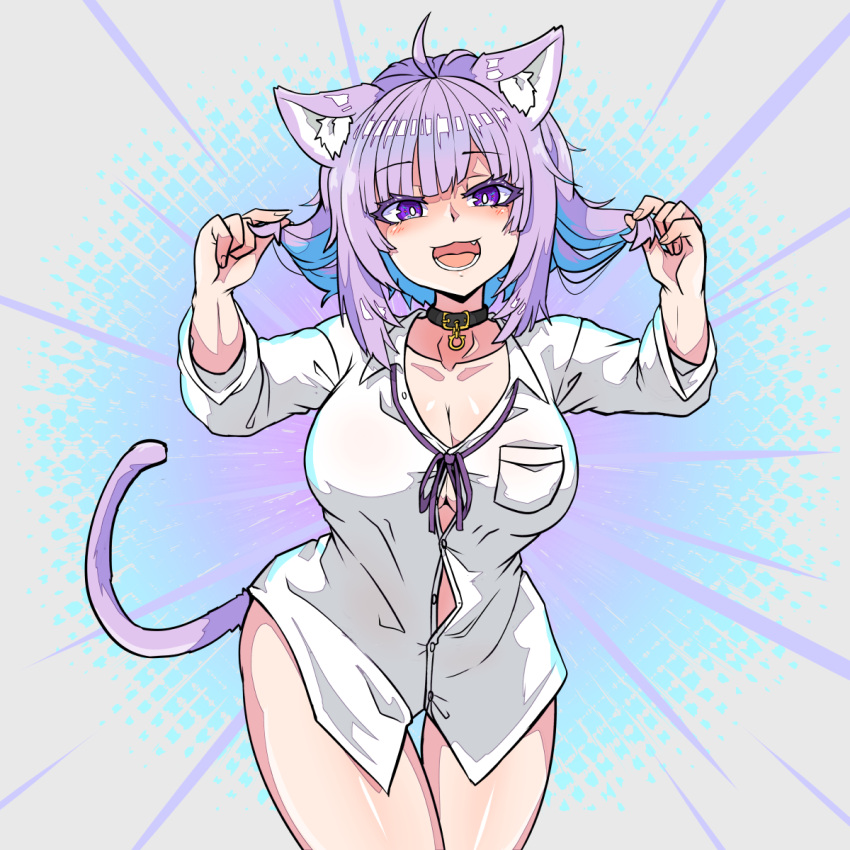 1girl :d ahoge aikohgin alternate_costume animal_ears bottomless breast_pocket breasts cat_choker cat_ears cat_girl cat_tail cleavage cowboy_shot dress_shirt eyelashes fang fingernails hands_up highres holding holding_hair hololive large_breasts looking_at_viewer multicolored multicolored_hair nekomata_okayu no_bra official_alternate_costume open_mouth partially_unbuttoned pocket purple_eyes purple_hair shiny shiny_hair shirt sidelocks smile solo tail thighs two-tone_hair virtual_youtuber white_shirt