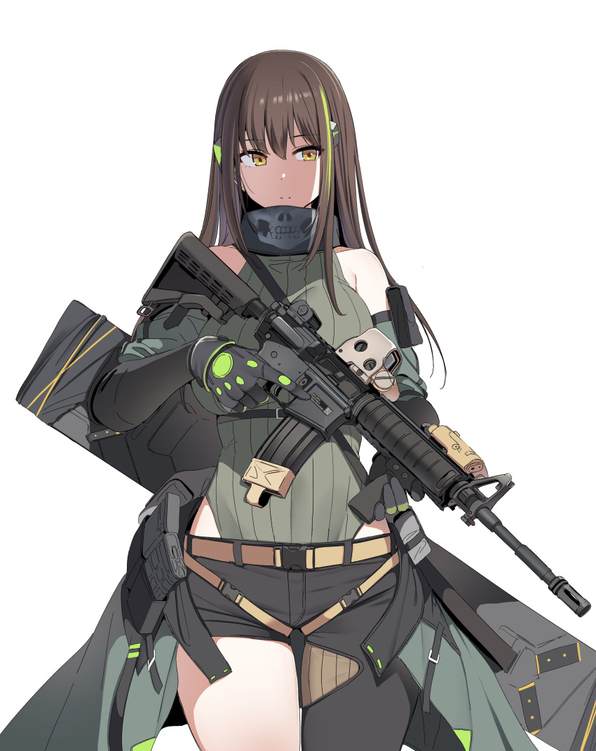 1girl absurdres assault_rifle asymmetrical_legwear bangs bare_shoulders black_gloves brown_hair cowboy_shot dickbomber girls'_frontline gloves green_hair gun highres holding holding_gun holding_weapon leotard long_hair m4_carbine m4a1_(girls'_frontline) magazine_(weapon) mod3_(girls'_frontline) multicolored_hair particle_cannon_case ribbed_leotard rifle scarf simple_background solo streaked_hair uneven_legwear weapon white_background yellow_eyes
