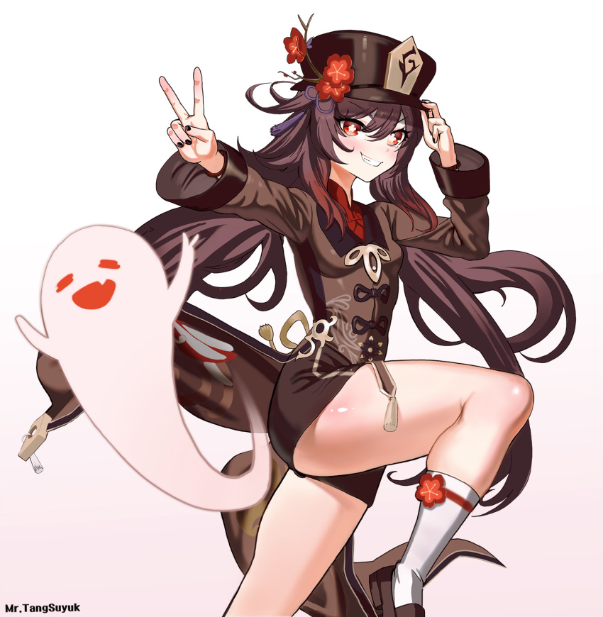 1girl brown_hair closed_eyes flower genshin_impact ghost hat hat_tip highres hu_tao_(genshin_impact) long_sleeves mr_tangsuyuk nail_polish plum_blossoms red_eyes short_shorts shorts simple_background smile socks solo teeth thighs twintails v white_background