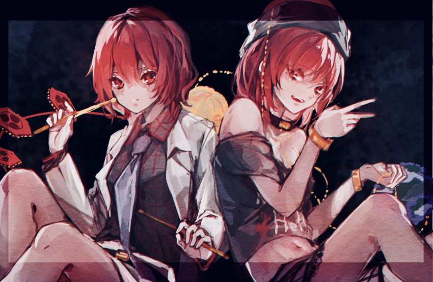 2girls bangs bare_shoulders belt black_background black_belt black_choker black_headwear black_neckwear black_shirt bracelet breasts chain choker closed_mouth clothes_writing collar earth_(ornament) eyebrows_visible_through_hair gold_chain hair_between_eyes hand_up hands_up hecatia_lapislazuli highres horikawa_raiko jacket jewelry long_sleeves looking_at_viewer medium_breasts medium_hair moon_(ornament) multiple_girls navel necktie off_shoulder open_mouth polos_crown purple_neckwear purple_skirt red_eyes red_hair red_headwear shirt shometsu-kei_no_teruru short_hair simple_background sitting skirt smile t-shirt touhou white_jacket white_skirt