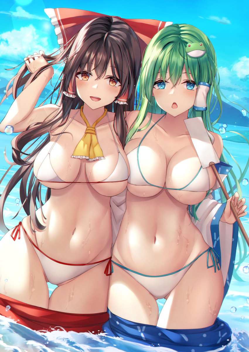 2girls :d :o absurdres ass_visible_through_thighs bare_arms bare_shoulders bikini black_hair blue_eyes blue_sky breasts cleavage cloud collarbone cowboy_shot day duplicate frog_hair_ornament gohei green_hair groin hair_ornament hair_tubes hakurei_reimu hand_in_hair highres holding holding_stick in_water kochiya_sanae large_breasts liya long_hair looking_at_viewer mountainous_horizon multiple_girls navel ocean open_mouth outdoors parted_lips pixel-perfect_duplicate red_eyes side-tie_bikini sideboob sky smile stick swimsuit thigh_gap thighs touhou underboob wading water water_drop wet white_bikini wide_sleeves yellow_neckwear