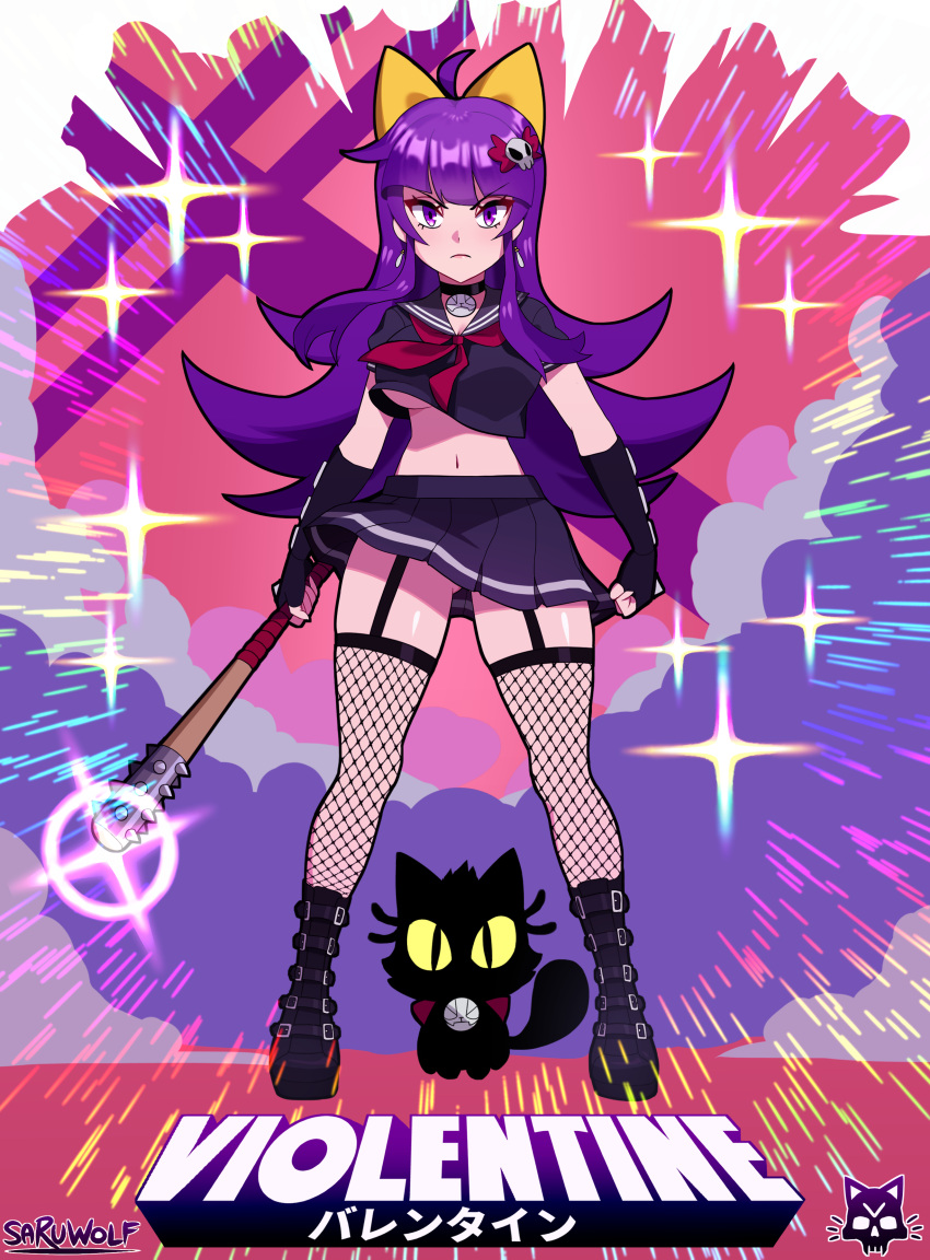 1girl absurdres ahoge artist_name bangs baseball_bat black_cat black_choker blunt_bangs boots bow breasts cat character_name choker clenched_hand closed_mouth cross-laced_footwear detached_sleeves explosion fishnet_legwear fishnets frown full_body gothic hair_ornament highres holding holding_weapon large_breasts long_hair navel original purple_eyes purple_hair sarukaiwolf school_uniform shiny shiny_skin short_sleeves skirt skull_hair_ornament solo sparkle thighhighs underboob v-shaped_eyebrows vio_valentine weapon yellow_bow