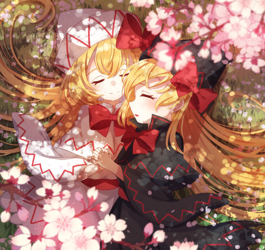 2girls absurdres ametama_(runarunaruta5656) bangs belt black_cape black_dress black_headwear black_sleeves blonde_hair blush bow cape cherry_blossoms closed_mouth dress dual_persona eyebrows_visible_through_hair frills grass hair_between_eyes hands_together hat hat_bow highres light lily_black lily_white long_hair long_sleeves lying multiple_girls open_mouth petals red_belt red_bow red_neckwear shadow smile touhou white_cape white_dress white_headwear white_sleeves wide_sleeves