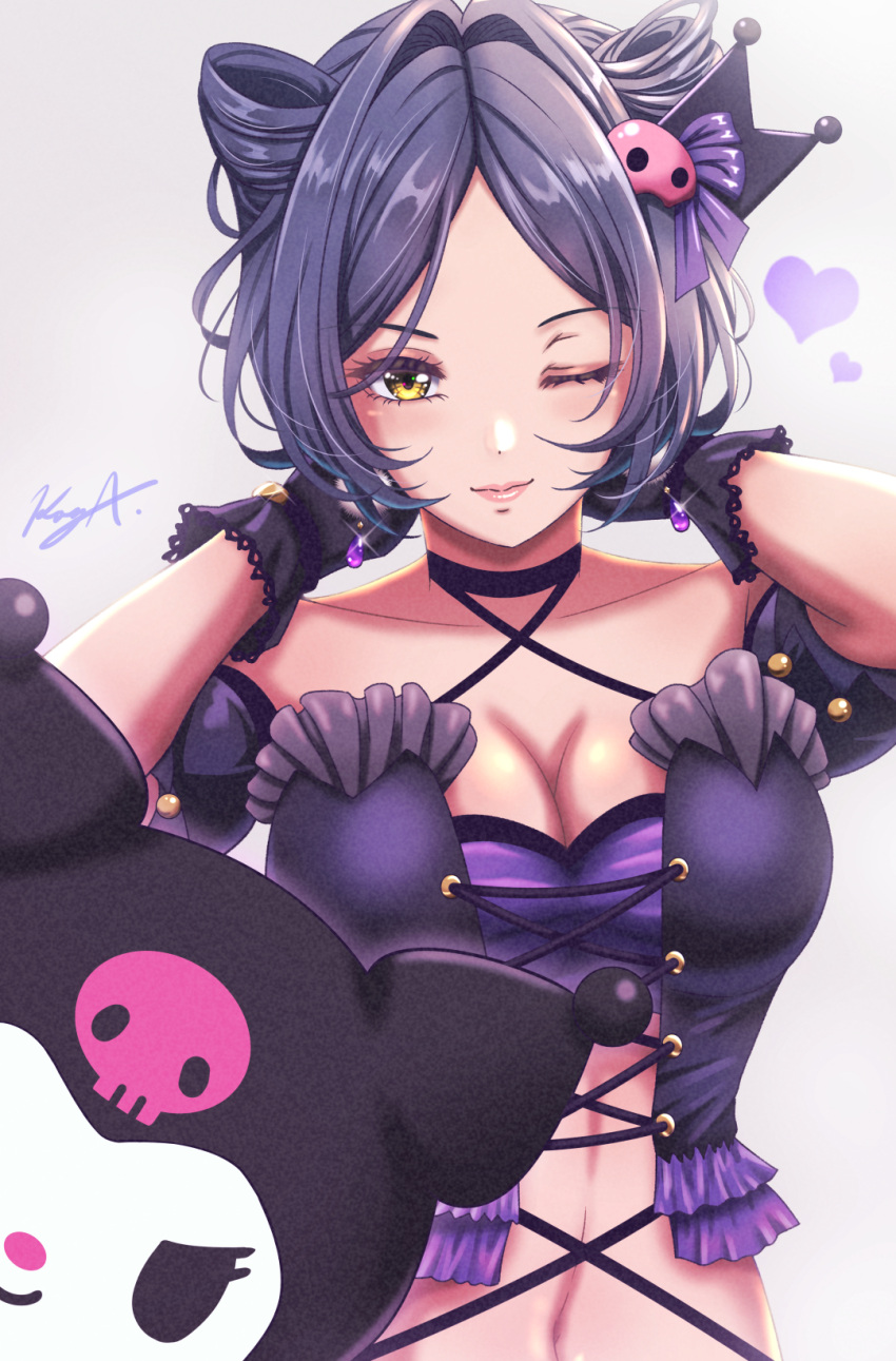 &gt;:) 1girl ;) alternate_hairstyle arms_behind_head bangs black_choker blue_hair blush breasts choker cleavage closed_mouth corset crop_top cross-laced_clothes crossover earrings frilled_corset glint gloves grey_background hair_ornament half_gloves halterneck hayami_kanade heart highres idolmaster idolmaster_cinderella_girls jewelry koya_(koya_x_00) kuromi looking_at_viewer navel one_eye_closed onegai_my_melody parted_bangs purple_corset purple_gloves signature skull_print smile upper_body v-shaped_eyebrows yellow_eyes