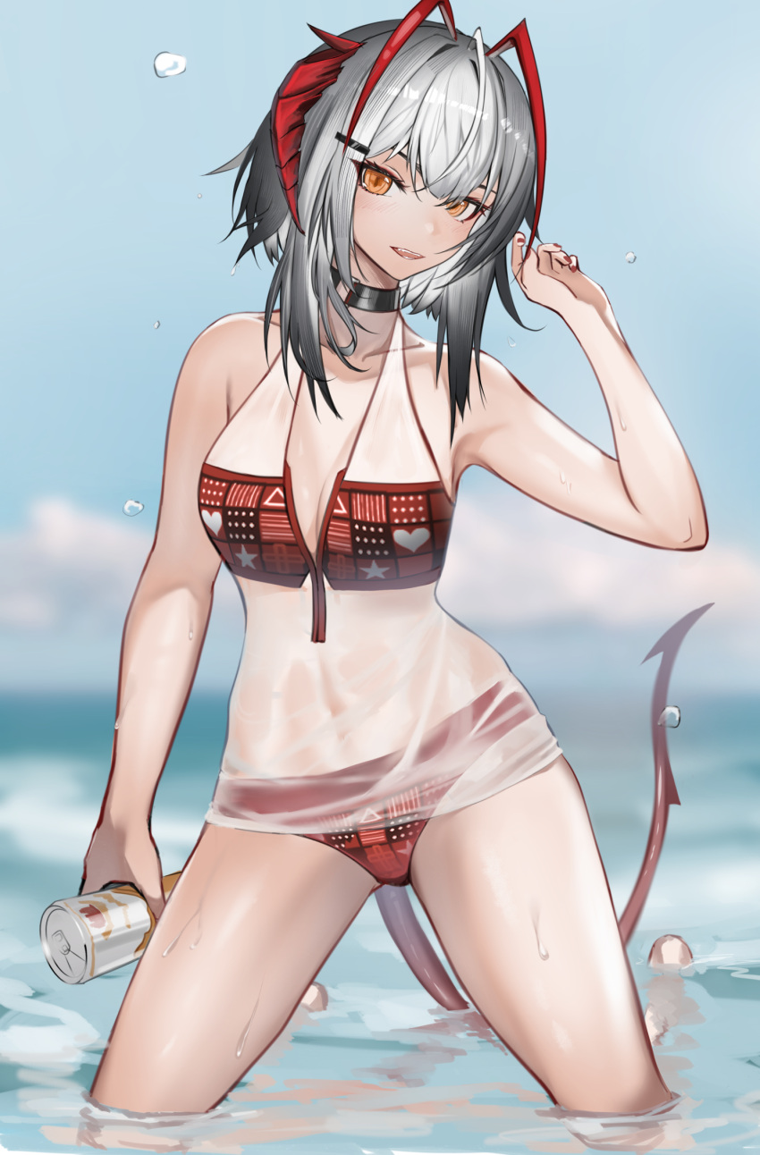 1girl ahoge alternate_costume arknights ascter bikini black_collar breasts can chinese_commentary collar collarbone commentary cowboy_shot demon_horns demon_tail grey_hair hair_ornament hairclip hand_up highres holding holding_can horns looking_at_viewer medium_breasts medium_hair open_mouth orange_eyes outdoors red_bikini red_nails see-through_shirt sky solo swimsuit tail w_(arknights) wading water wet
