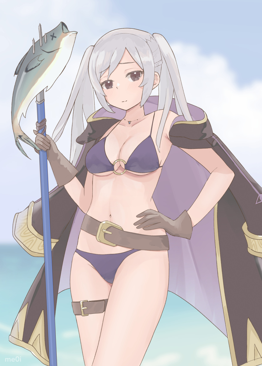 1girl absurdres beach belt bikini black_coat breasts brown_belt brown_eyes brown_gloves cloud cloudy_sky coat collarbone commentary cowboy_shot eyebrows_visible_through_hair fire_emblem fire_emblem_awakening fire_emblem_heroes fish gloves gold_trim hand_on_hip highres holding holding_weapon jewelry linea_alba looking_at_viewer me0i medium_breasts navel necklace o-ring o-ring_top ocean official_alternate_costume polearm purple_bikini robin_(fire_emblem) robin_(fire_emblem)_(female) shadow sky solo swimsuit thigh_strap trident weapon white_hair