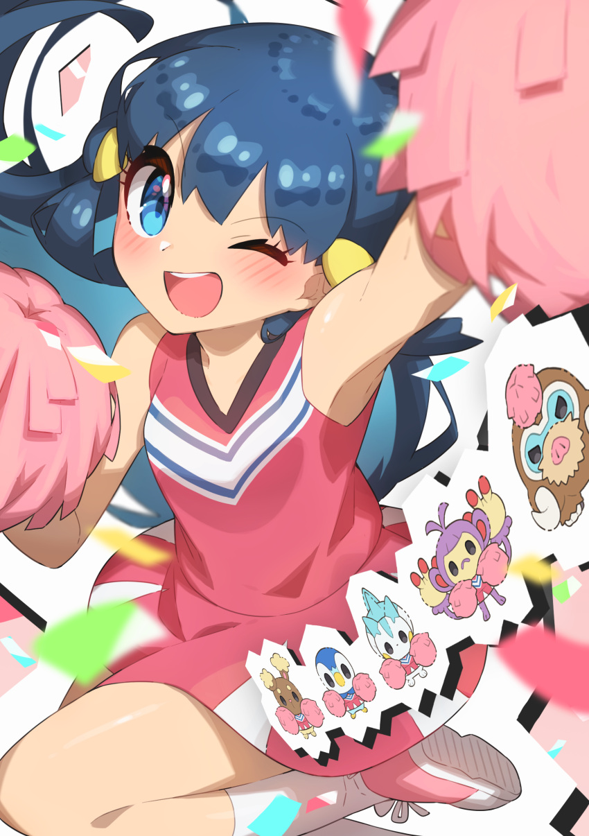 1girl ;d absurdres ambipom arm_up bangs blue_eyes blue_hair blurry blush buneary character_print cheerleader confetti dawn_(pokemon) dress eyelashes gen_4_pokemon hair_ornament hairclip highres holding holding_pom_poms leg_up long_hair looking_at_viewer mamoswine one_eye_closed open_mouth pachirisu pink_dress pink_footwear piplup pokemon pokemon_(anime) pokemon_dppt_(anime) pom_pom_(cheerleading) shoes sleeveless sleeveless_dress smile socks taisa_(lovemokunae) tongue upper_teeth white_legwear