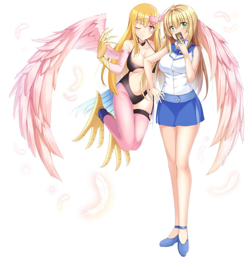 2girls absurdres animal_feet animal_hands benchen06 bird_tail blonde_hair blue_footwear blue_skirt blush breasts card claws duel_academy_uniform_(yu-gi-oh!_gx) duel_monster eyebrows_visible_through_hair feathered_wings feathers green_eyes hair_ornament harpie_girl harpy heart heart_hair_ornament highres large_breasts long_hair monster_girl multiple_girls one_eye_closed pantyhose pink_eyes pink_feathers pink_legwear pink_wings single_leg_pantyhose single_thighhigh skirt sleeveless smile tail tail_feathers thighhighs white_background winged_arms wings yu-gi-oh! yu-gi-oh!_gx