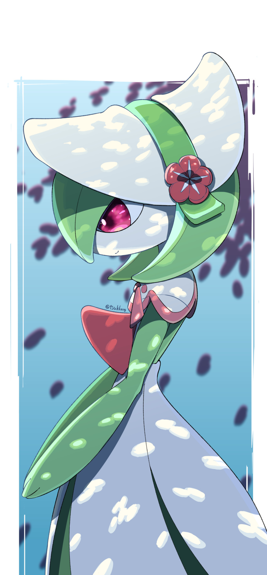 absurdres bonnet capelet closed_mouth commentary_request flower from_side gardevoir gardevoir_(fashionable) gen_3_pokemon highres looking_down pokemon pokemon_(creature) pokemon_(game) pokemon_unite purple_eyes red_flower smile solo tsukkon white_headwear