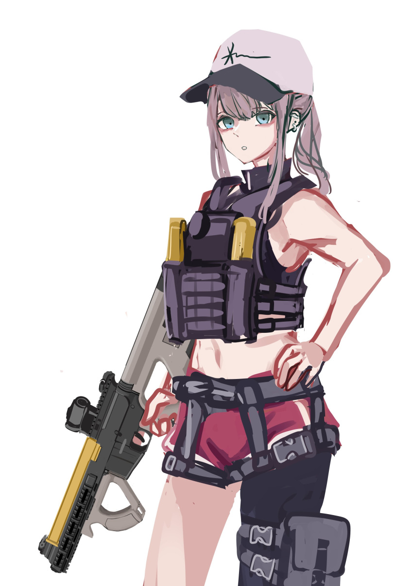 1girl absurdres ar-57 ar-57_(girls'_frontline) armpits bangs bare_shoulders baseball_cap black_shirt blue_eyes breasts commentary commentary_request cowboy_shot crop_top dolphin_shorts ear_piercing ear_protection eyebrows eyebrows_visible_through_hair fingerless_gloves girls'_frontline gloves gun hair_between_eyes hand_on_hip hat highres holding holding_weapon lithographica long_hair midriff piercing pink_hair ponytail shirt shorts sideboob single_glove single_leg_pantyhose sketch sleeveless sleeveless_shirt solo tactical_clothes tank_top trigger_discipline twitter_username watch weapon white_background wristwatch