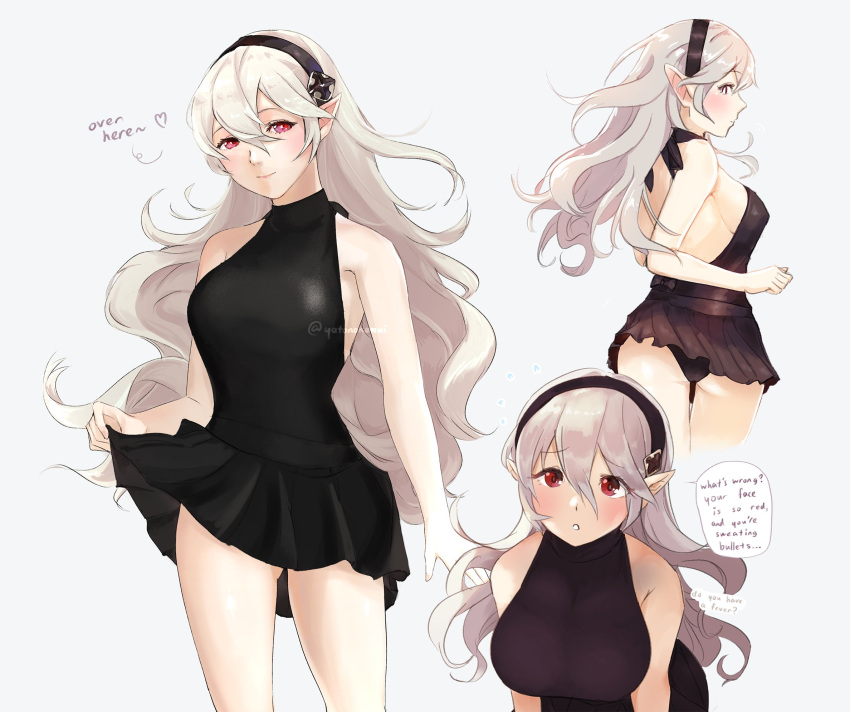 1girl alternate_costume ass back backless_dress backless_outfit bangs bare_shoulders black_dress black_hairband black_panties black_skirt blush breasts clothes_lift corrin_(fire_emblem) corrin_(fire_emblem)_(female) dress english_text eyebrows_visible_through_hair fire_emblem fire_emblem_fates hair_between_eyes hairband heart highres large_breasts lips long_hair looking_at_viewer looking_back manakete panties parted_lips pink_lips pointy_ears red_eyes short_dress sideboob silver_hair simple_background skirt skirt_hold skirt_lift sleeveless sleeveless_dress smile sobasakuhin solo speech_bubble symbol-only_commentary teeth thighs twitter_username underwear white_background