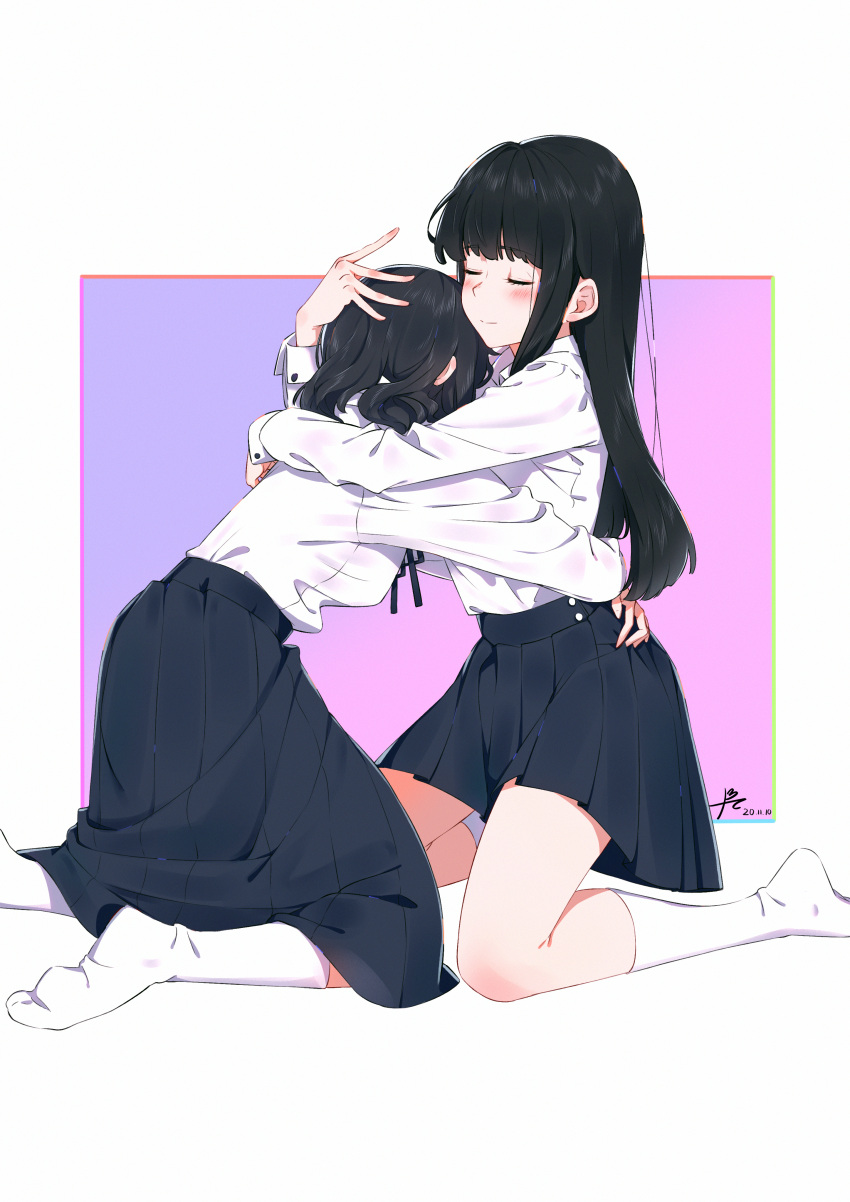 2girls absurdres bangs black_hair black_skirt blush closed_eyes closed_mouth collared_shirt commentary_request dated eyebrows_visible_through_hair full_body hand_on_another's_head hand_on_another's_waist head_to_head highres hug kneehighs kneeling long_hair long_skirt long_sleeves medium_hair multiple_girls original pink_background pleated_skirt ppchen purple_background school_uniform shirt shirt_tucked_in signature skirt smile white_background white_legwear white_shirt yuri