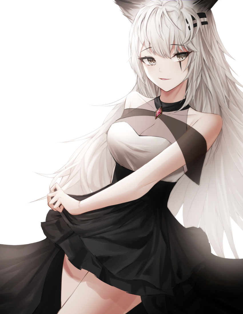 1girl absurdres alternate_costume animal_ears arknights bare_shoulders black_dress breasts cleavage clothes_lift cowboy_shot dress dress_lift eyebrows_visible_through_hair grey_eyes hair_ornament hairclip highres lappland_(arknights) long_hair long_sleeves looking_at_viewer mea_(hwaksal) medium_breasts parted_lips scar scar_across_eye silver_hair simple_background sleeveless sleeveless_dress smile solo thighs white_background white_hair wolf_ears wolf_girl