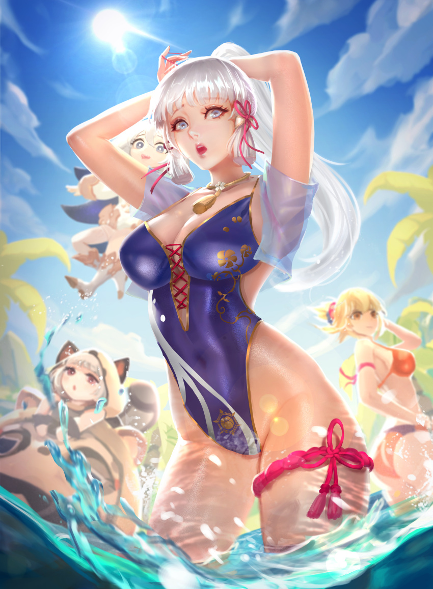 4girls absurdres adjusting_hair animal_ears arms_up bangs beach blue_sky blunt_bangs breasts cglas cowboy_shot genshin_impact highres hood kamisato_ayaka looking_at_viewer multiple_girls ocean one-piece_swimsuit open_mouth paimon_(genshin_impact) partially_submerged ponytail raccoon_ears raccoon_tail sayu_(genshin_impact) sky swimsuit tail water yoimiya_(genshin_impact)