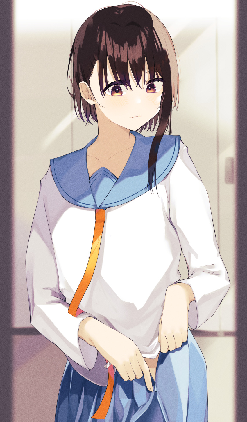 1girl :3 absurdres bad_hands bangs blue_sailor_collar blue_skirt blurry blurry_background brown_eyes brown_hair closed_mouth collarbone commentary_request cowboy_shot highres huge_filesize long_sleeves looking_down nisekoi onodera_kosaki open_clothes open_skirt orange_neckwear sailor_collar school_uniform serafuku shirt short_hair skirt solo tie_clip white_shirt yyyama