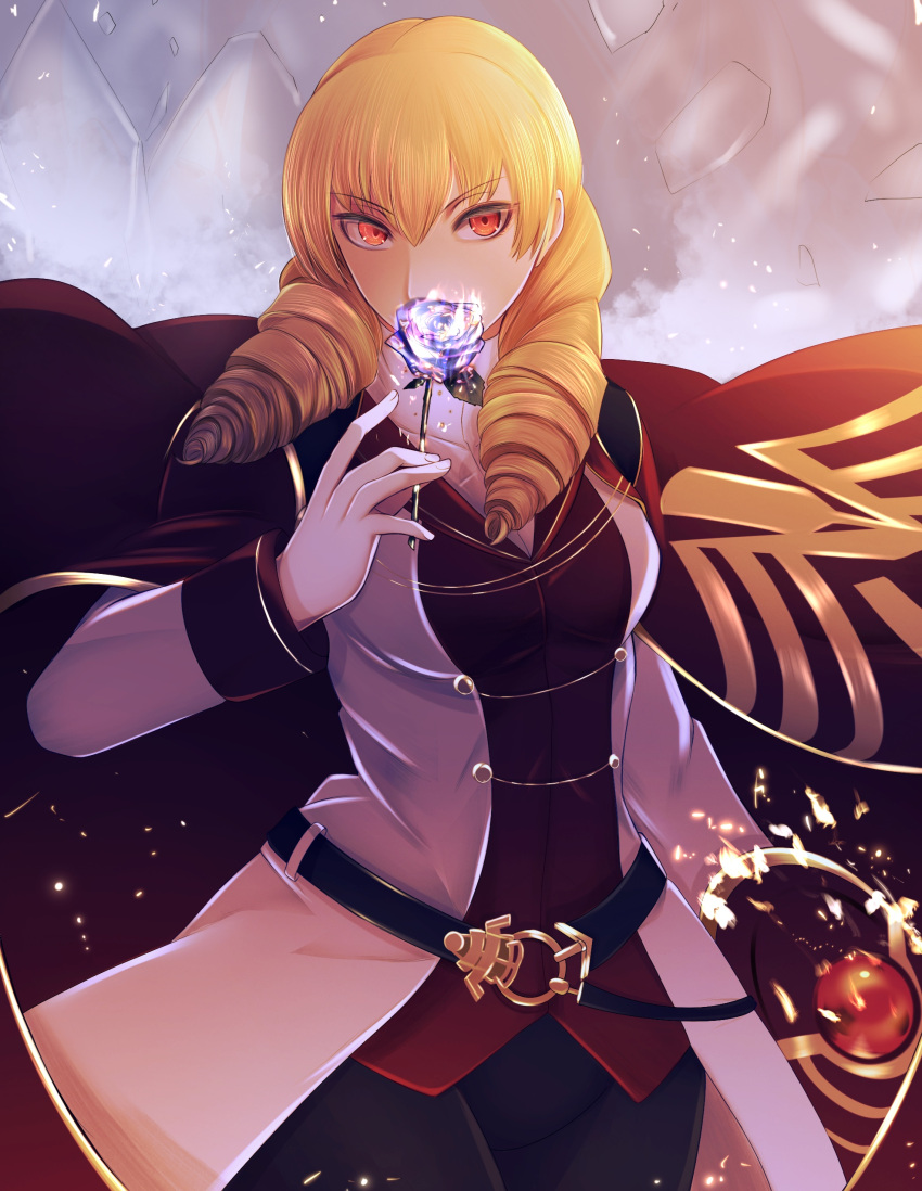 1girl absurdres belt black_pants blonde_hair breasts cape covered_mouth drill_hair erika_wagner eyebrows_visible_through_hair fingernails flower gaien_(jin_morisono) glowing hair_between_eyes highres holding holding_flower holding_shield jacket looking_at_viewer medium_breasts medium_hair military military_uniform orange_eyes pants red_cape rose shield solo twin_drills under_night_in-birth under_night_in-birth_exe:late[st] uniform waistcoat white_jacket wide_hips