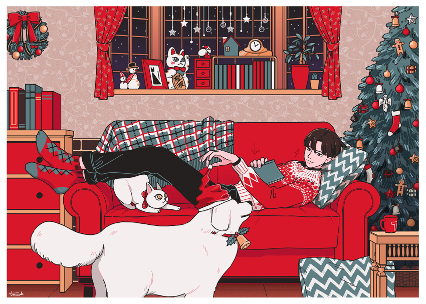 1boy black_hair black_pants book cat christmas christmas_tree clock curtains dog gingerbread_man hat kk724 long_sleeves lying maneki-neko on_back original pants pillow print_sweater red_sweater santa_hat short_hair signature snowman socks solo sweater white_cat white_dog wide_shot window wreath