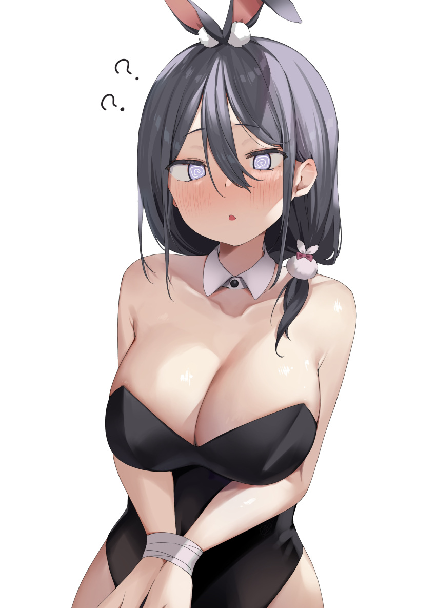 1girl :o ? @_@ absurdres animal_ear_fluff animal_ears bangs bare_shoulders black_hair black_leotard blush bound bound_wrists breasts bunny_day bunny_hair_ornament cleavage collarbone commentary_request detached_collar eyebrows_visible_through_hair hair_between_eyes hair_ornament highres large_breasts leotard long_hair looking_at_viewer original purple_eyes rabbit_ears simple_background sinnop10 solo strapless strapless_leotard upper_body white_background