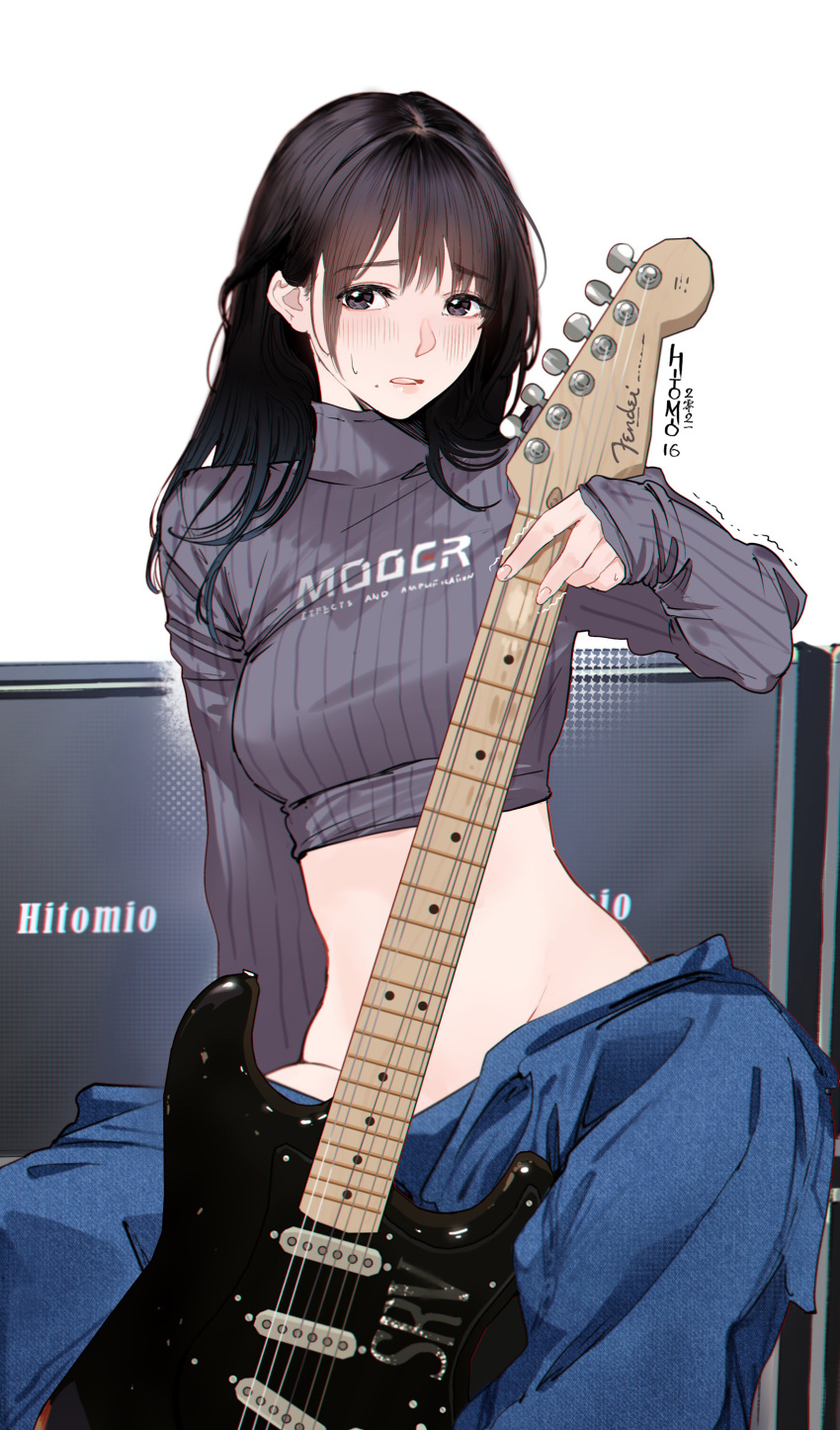 1girl absurdres artist_name brown_eyes brown_hair chinese_commentary commentary_request guitar guitar_little_sister_(hitomi_o) hair_between_eyes highres hitomi_o instrument long_hair long_sleeves looking_to_the_side midriff original pale_skin parted_lips simple_background sitting solo turtleneck white_background