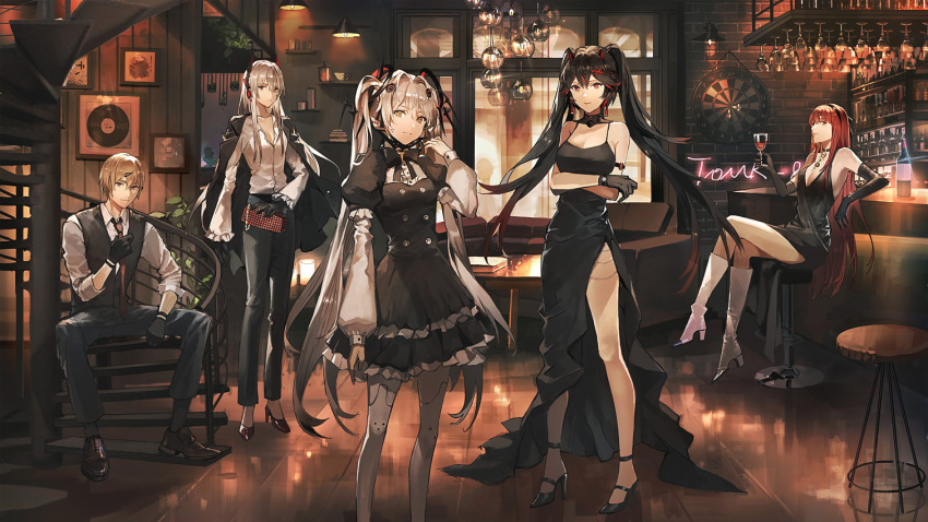 1boy 4girls bar bare_legs bare_shoulders black_coat black_dress black_footwear black_gloves black_hair black_pants boots breasts brown_eyes chandelier character_request coat coat_on_shoulders cocktail_dress crossed_arms dress gloves gradient_hair hair_ornament high_heel_boots high_heels indoors juliet_sleeves kamui_(punishing:_gray_raven) large_breasts lococo:p long_dress long_hair long_sleeves looking_at_viewer lucia_(punishing:_gray_raven) lucia_s_crimson_abyss luna_(punishing:_gray_raven) md5_mismatch medium_breasts multicolored_hair multiple_girls pants puffy_sleeves punishing:_gray_raven red_eyes side_slit silver_hair sitting sleeveless sleeveless_dress smile spaghetti_strap spiral_staircase stairs standing streaked_hair thighs twintails vera_(punishing:_gray_raven) very_long_hair x_hair_ornament