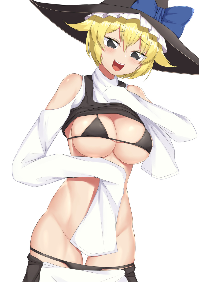 1girl absurdres bangs bare_shoulders bikini bikini_pull bikini_under_clothes black_bikini black_eyes black_skirt black_vest blonde_hair blue_bow blush bow breasts clothes_lift clothes_pull commentary_request cookie_(touhou) cowboy_shot eyebrows_visible_through_hair hair_between_eyes hat hat_bow highres ikikiksgiksg kirisame_marisa large_breasts lifted_by_self looking_at_viewer open_mouth shirt shirt_lift short_hair simple_background skirt sleeves_past_wrists solo swimsuit touhou vest white_background white_shirt witch_hat yuuhi_(cookie)